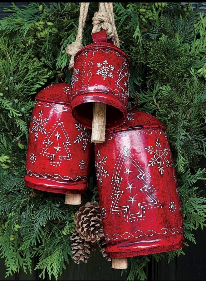 THOR INSTRUMENTS أجراس كبيرة مجلفنة لتزيين عيد الميلاد، أجراس حمراء ريفية، زينة عيد الميلاد للمنزل، مجموعة من 3 زينة عيد الميلاد، شجرة حمراء، ديكور ريفي، زينة عيد الميلاد كبيرة، جرس معلق مصنوع يدويًا - Image 2